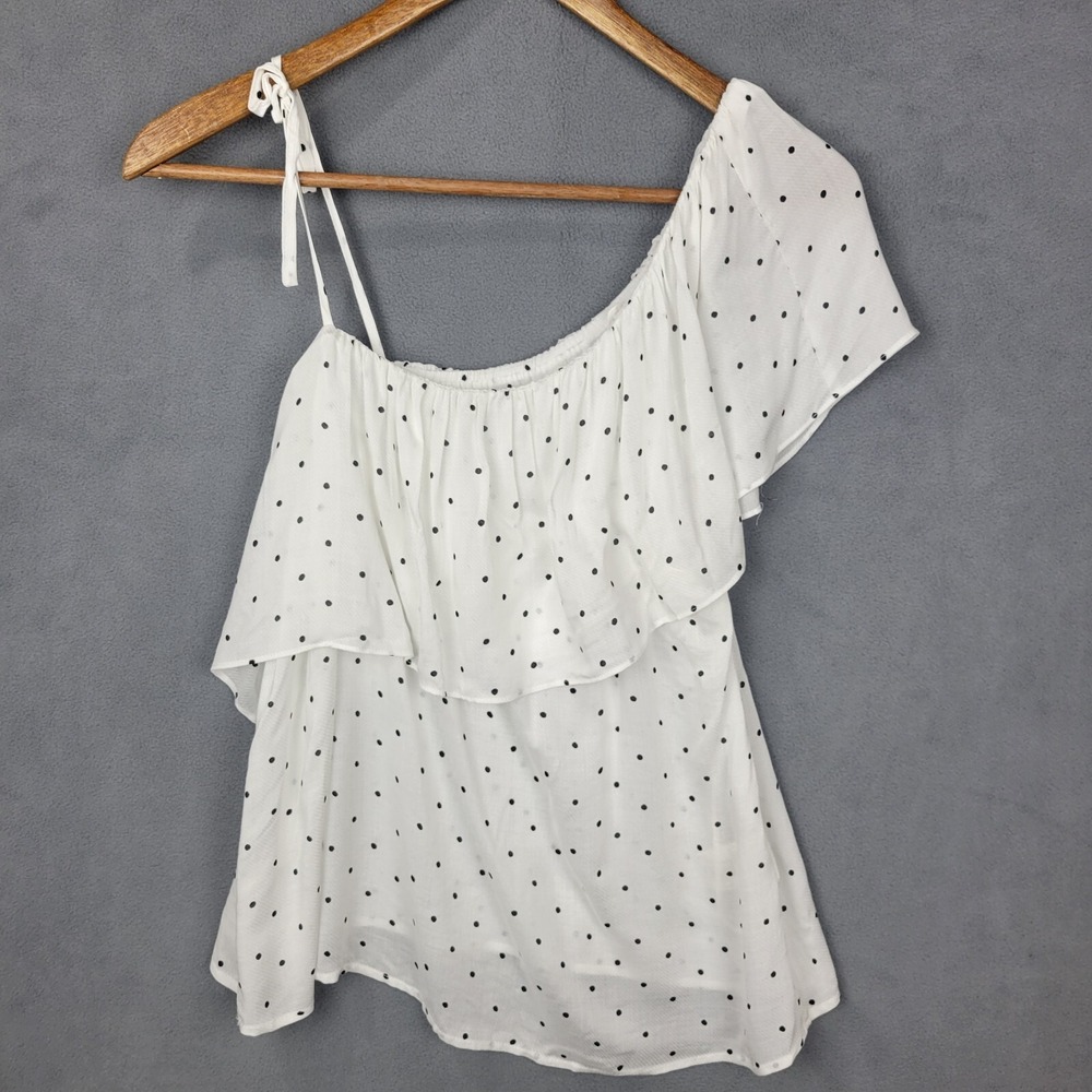 BB Dakota One Shoulder Top Womens Small White Black Polka Dot Rayon Ruffle Front